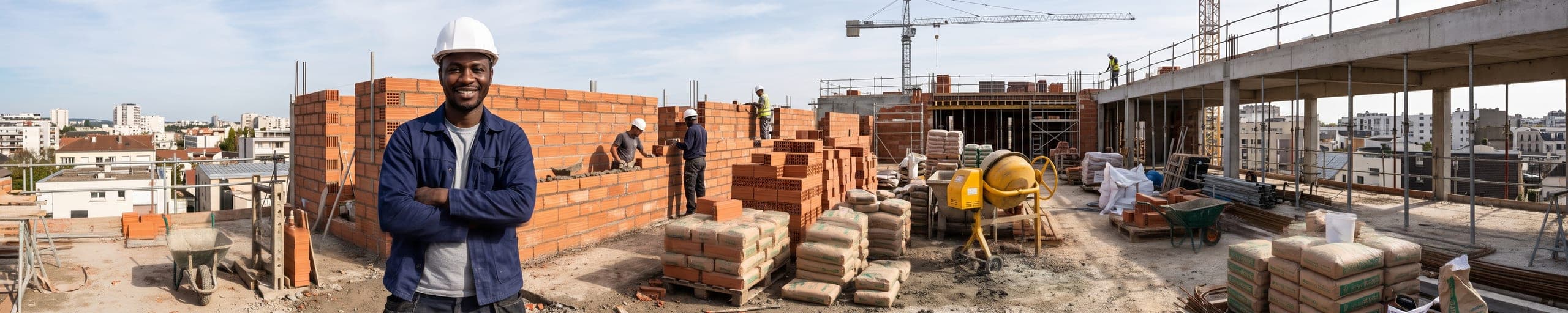 Cheffe d'entreprise de maçonnerie supervisant une équipe posant des blocs de béton sur un chantier, tablette à la main