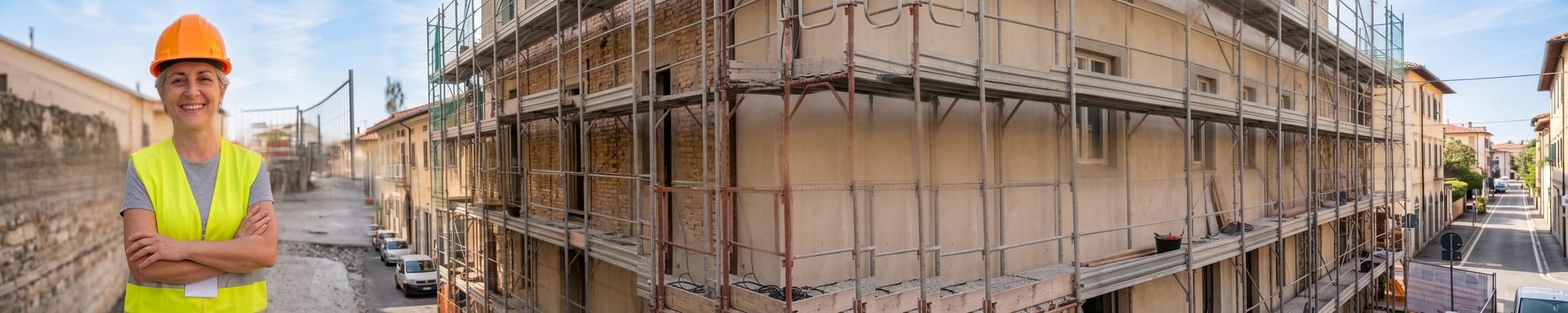 Cheffe de chantier sur une nacelle suspendue face à une façade haussmannienne en pierre, ouvrier nettoyant la pierre en arrière-plan