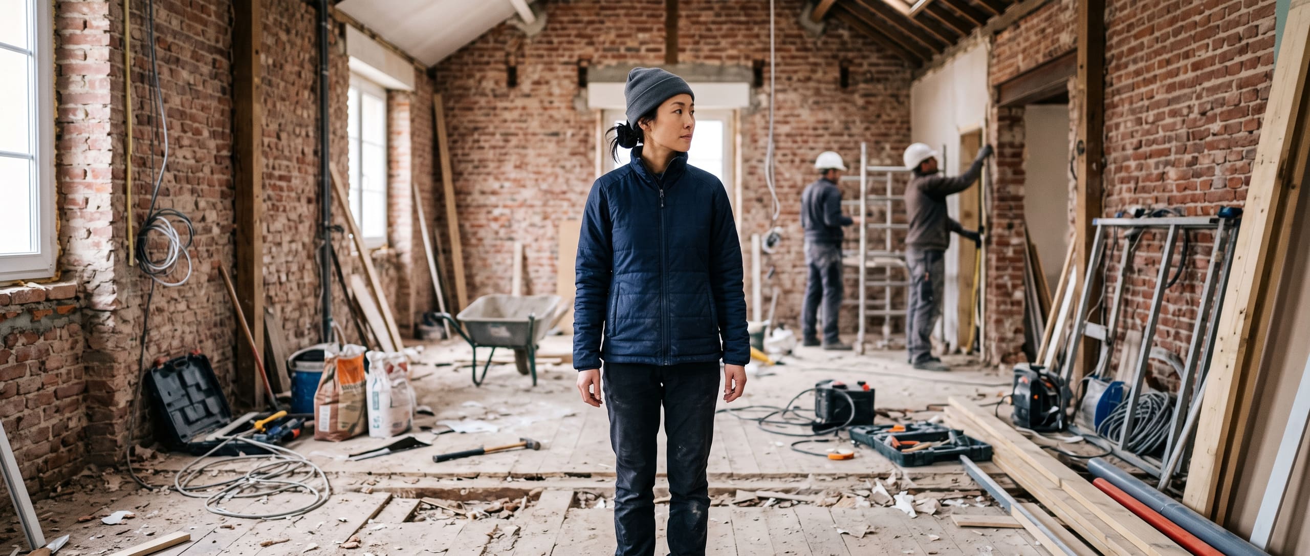 Cheffe de chantier dans une maison en pleine rénovation aux murs de brique apparente, ouvriers au travail en arrière-plan