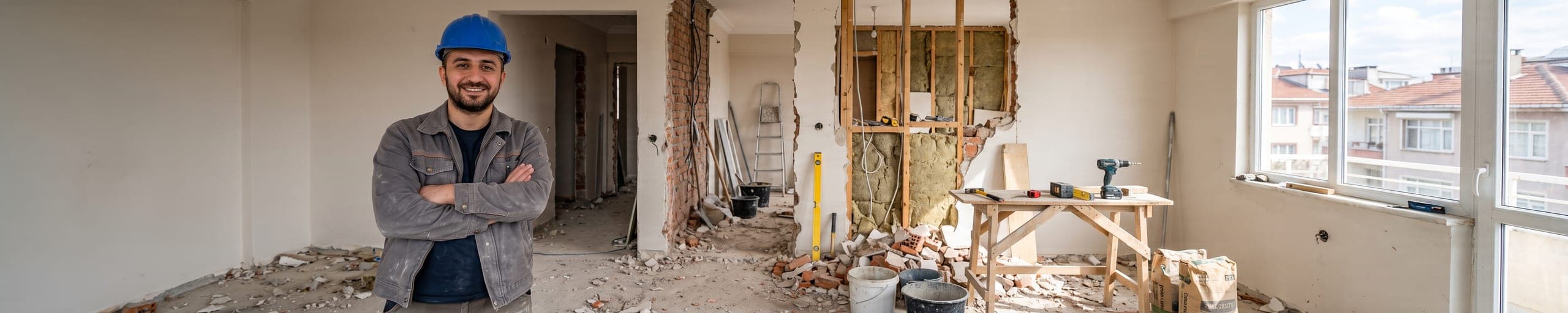 Cheffe de chantier dans une maison en pleine rénovation aux murs de brique apparente, ouvriers au travail en arrière-plan