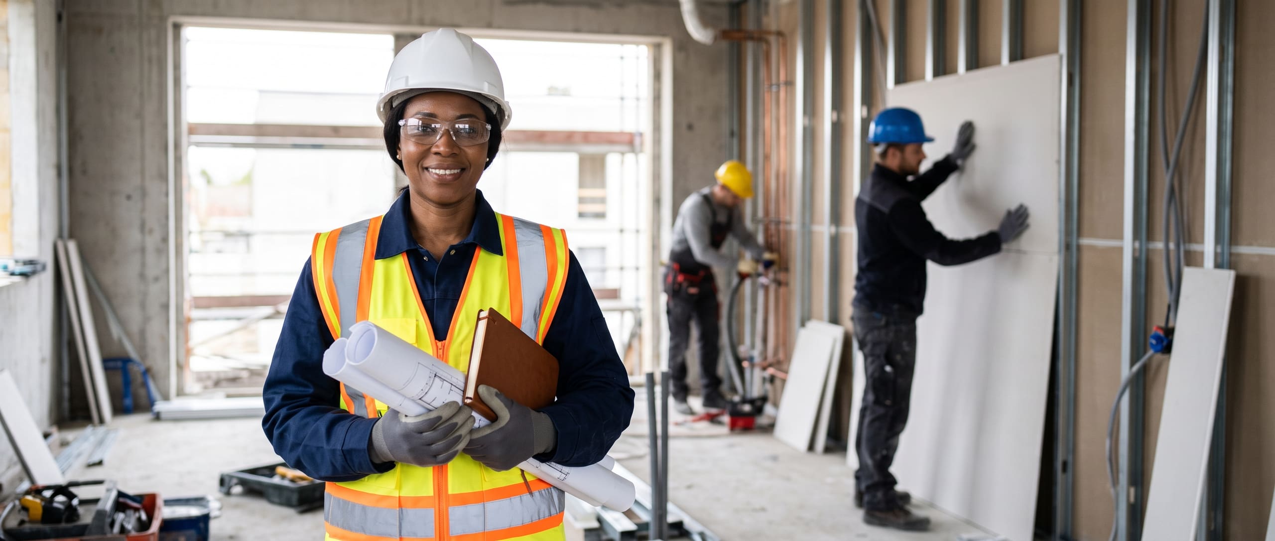 Responsable d'entreprise tous corps d'état avec des plans sur un chantier d'aménagement intérieur, plaquiste et plombier au travail à l'arrière-plan