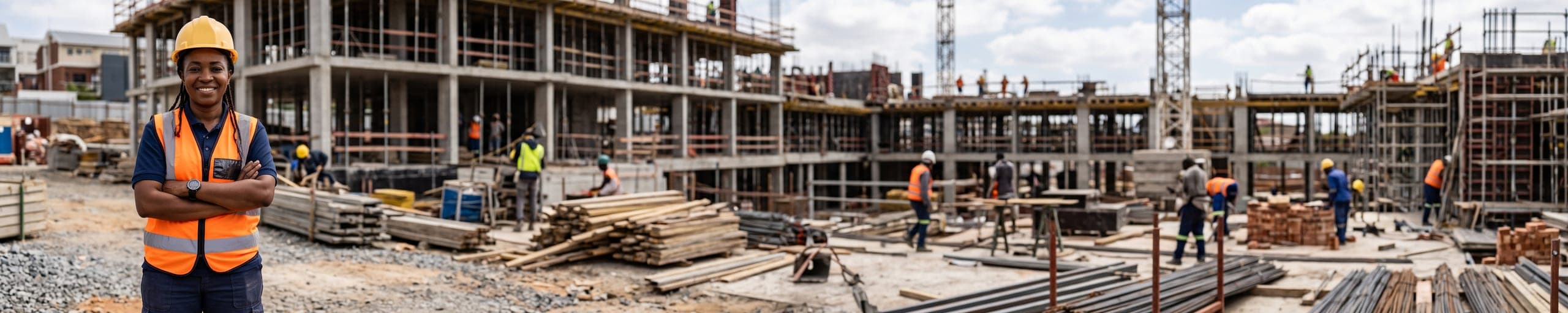 Responsable d'entreprise tous corps d'état avec des plans sur un chantier d'aménagement intérieur, plaquiste et plombier au travail à l'arrière-plan