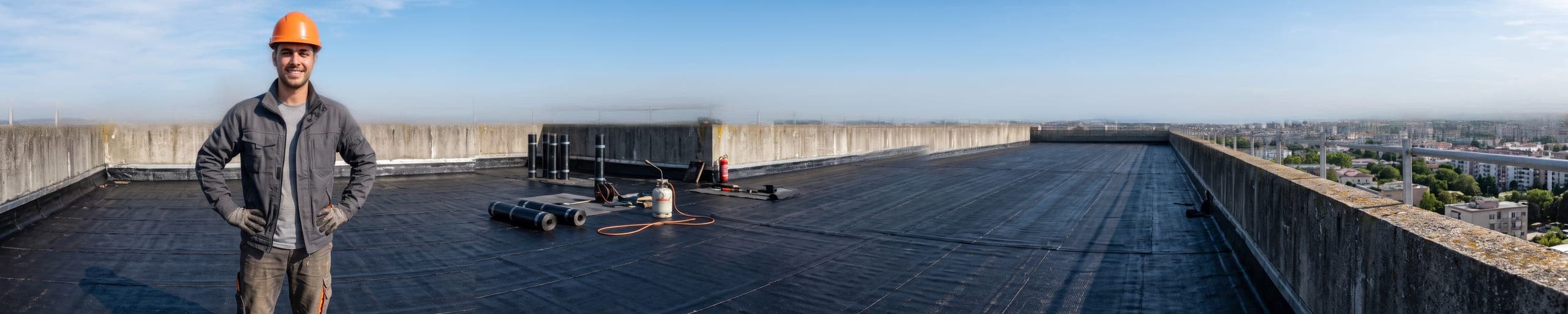 Étancheur soudant une membrane bitumineuse au chalumeau propane sur une toiture-terrasse ceinturée de garde-corps, extincteur au poste et bouteille reliée par flexible, ville en arrière-plan
