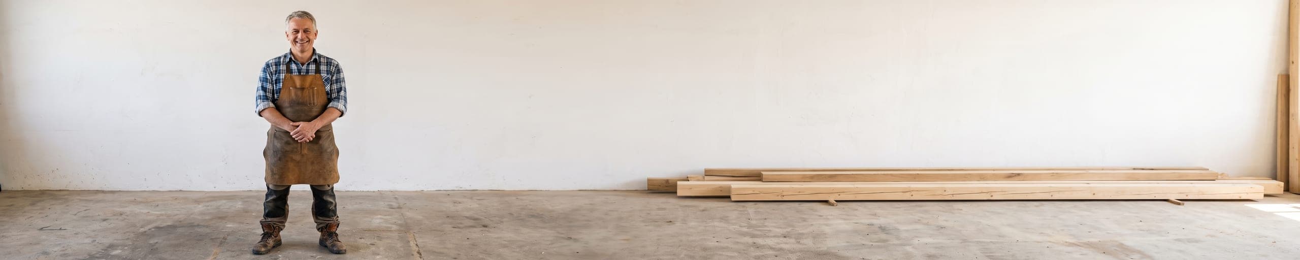 Fabricante clouant les connecteurs métalliques d'une ferme de charpente en bois sur table de fabrication, autres fermes assemblées à l'arrière-plan