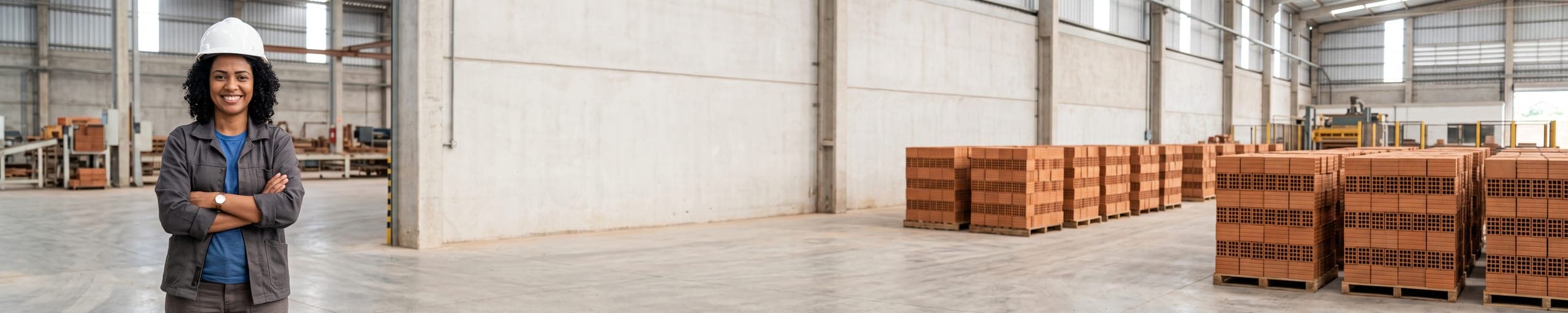 Fabricante contrôlant des blocs de béton fraîchement moulés sur une ligne de production, atelier industriel à l'arrière-plan
