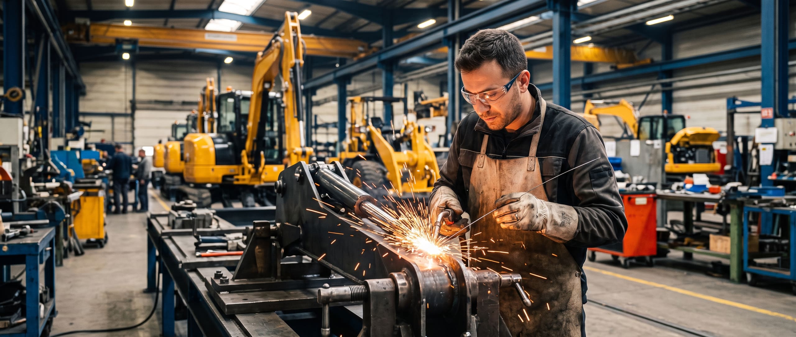 Fabricant soudant un bras hydraulique d'engin de chantier sur une ligne d'assemblage, pelleteuses et chargeuses jaunes en cours de fabrication à l'arrière-plan