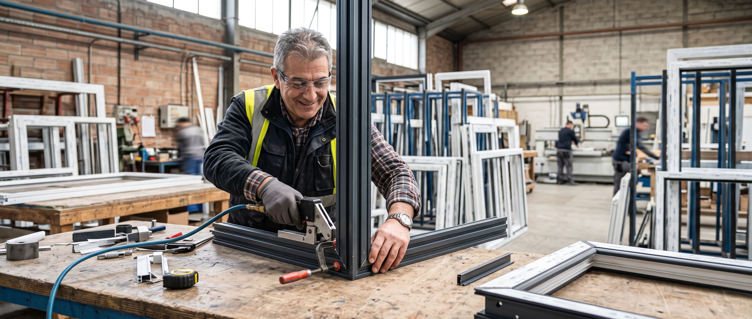Fabricant assemblant un cadre de fenêtre PVC sur un établi d'atelier de menuiserie, autres châssis assemblés stockés à l'arrière-plan