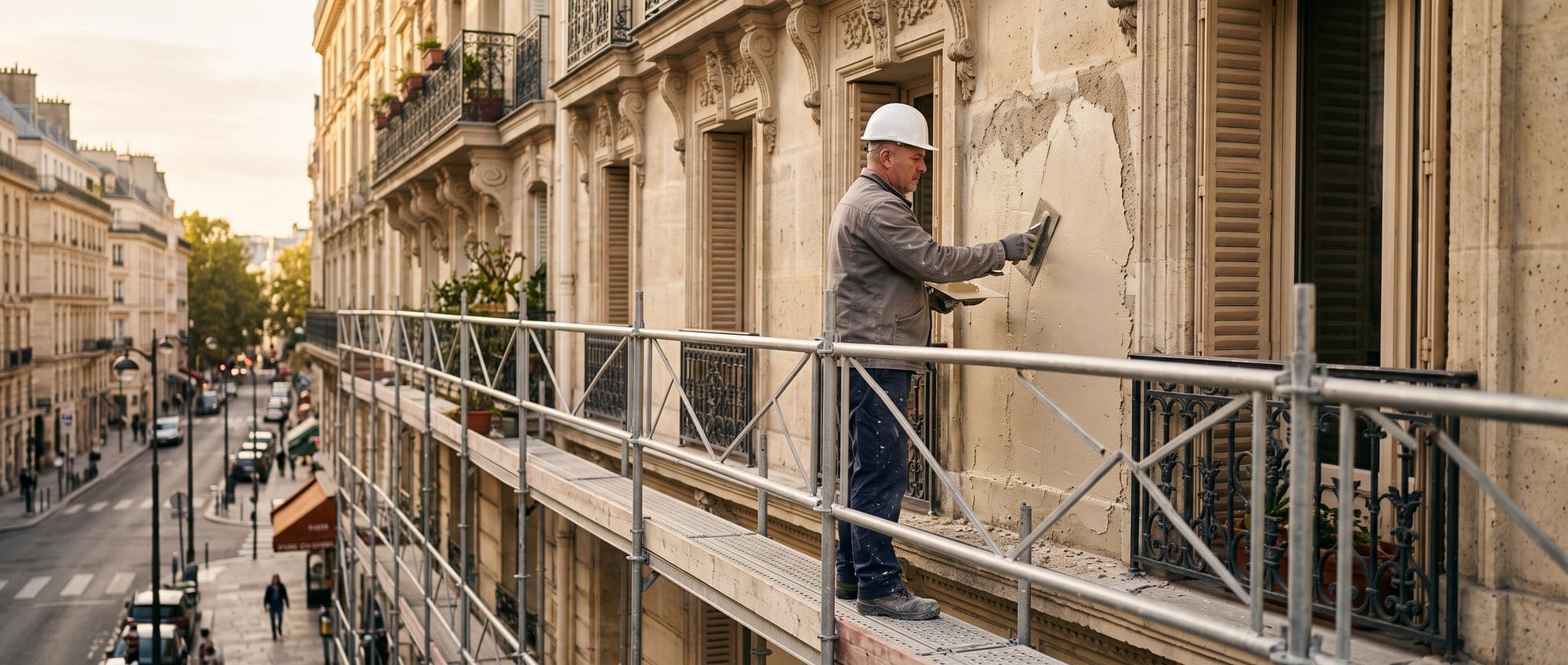 Façadier appliquant un enduit sur une façade en pierre depuis un échafaudage