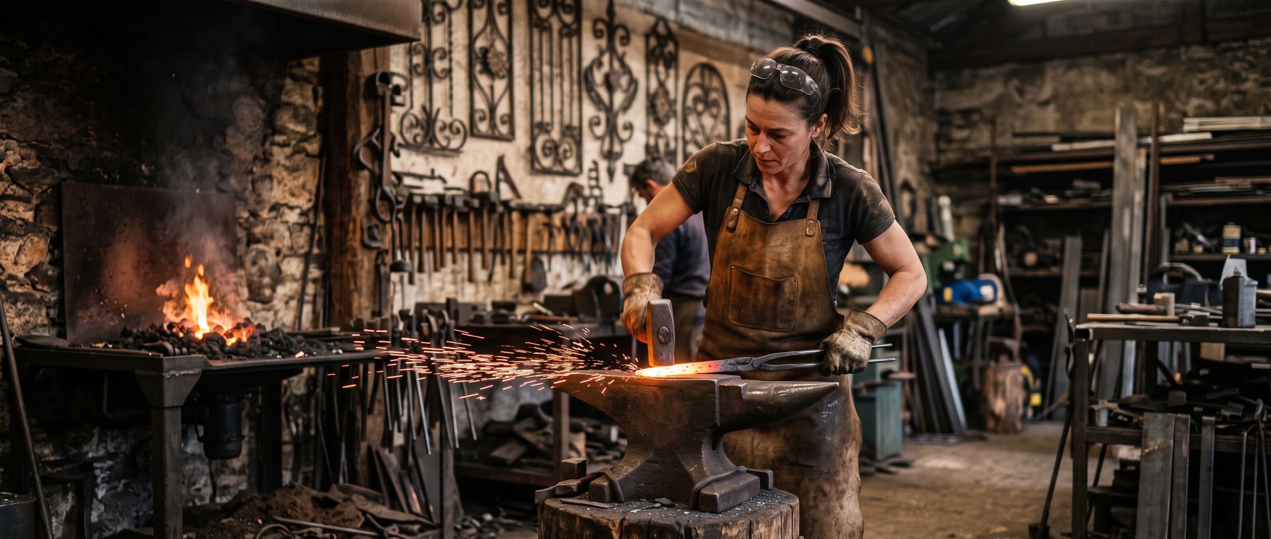 Ferronnière forgeant une pièce de fer chaud au marteau sur une enclume, dans un atelier de forge traditionnel