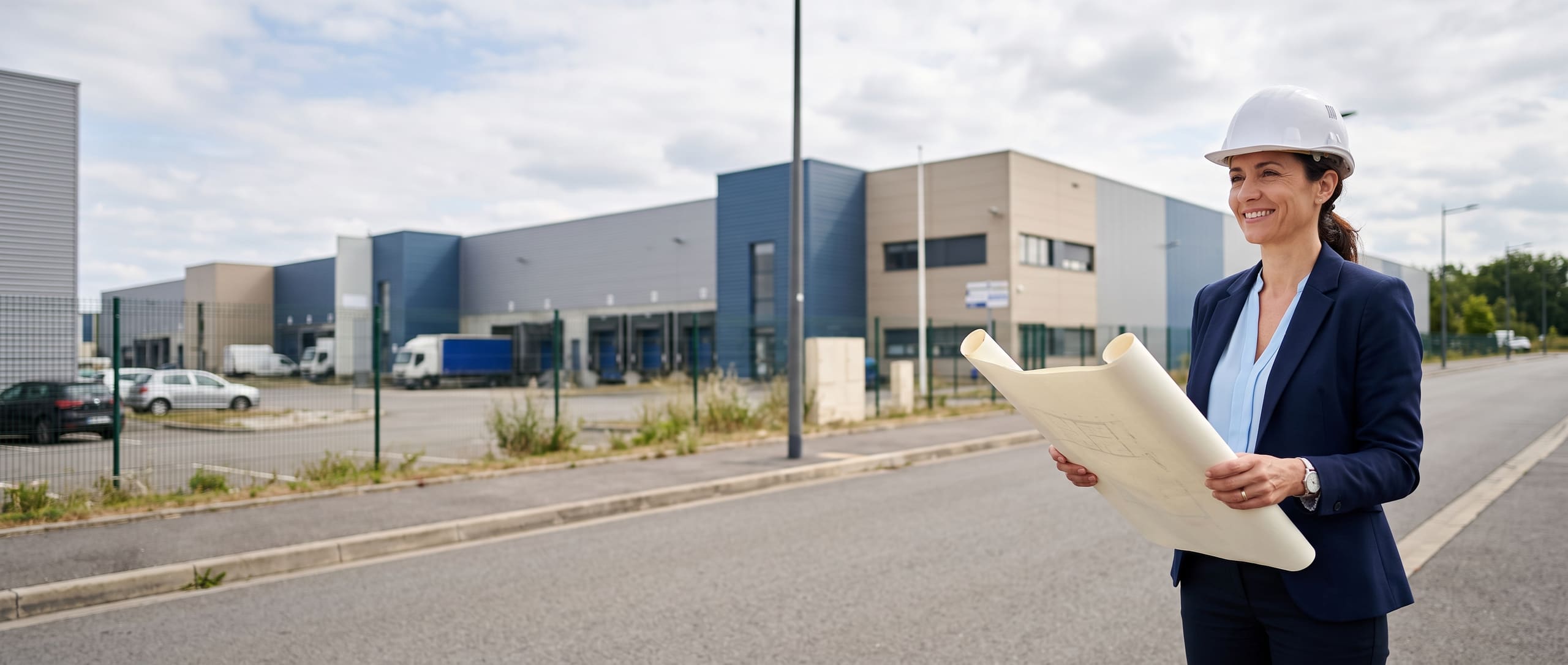 Investisseuse immobilière tenant des plans d'architecte devant une rangée de bâtiments industriels de son portefeuille
