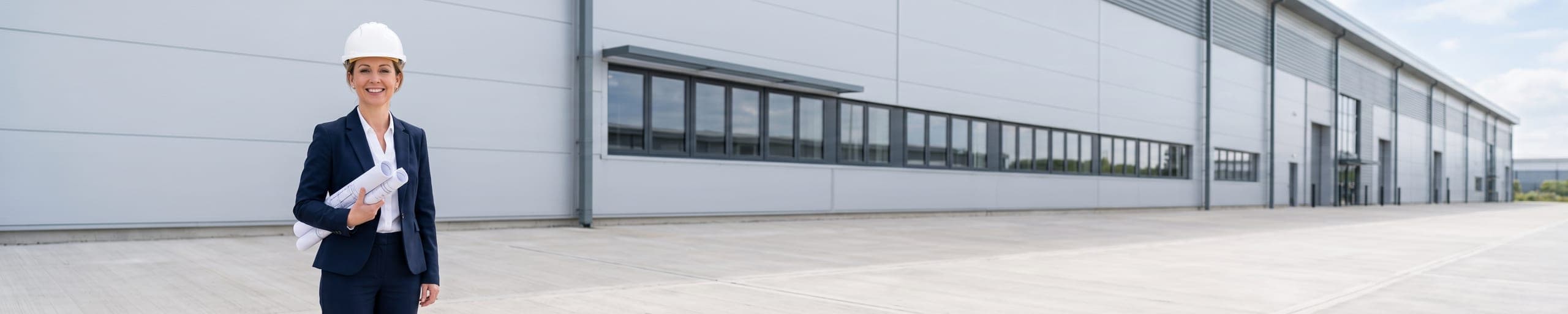 Investisseuse immobilière tenant des plans d'architecte devant une rangée de bâtiments industriels de son portefeuille