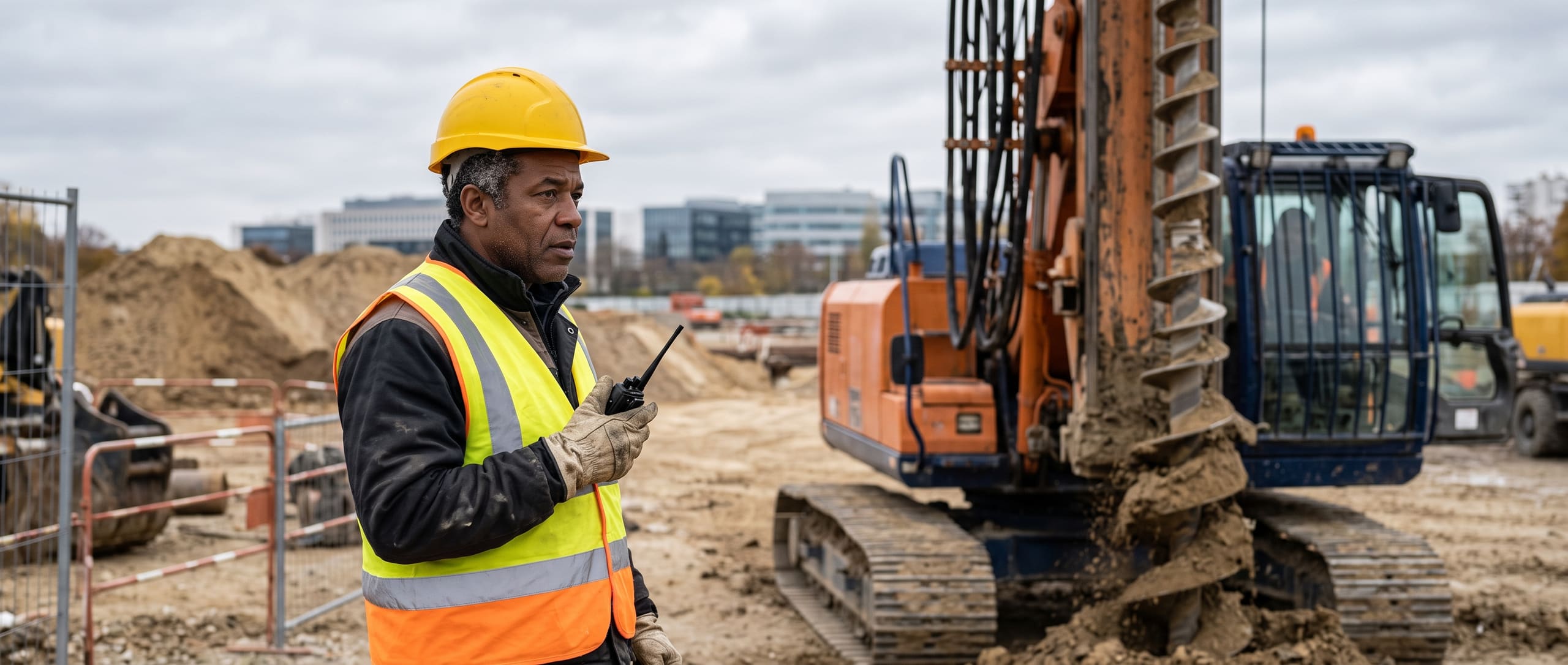 Chef de chantier surveillant une foreuse de fondations profondes en cours de forage, talkie-walkie à la main, sur un chantier urbain