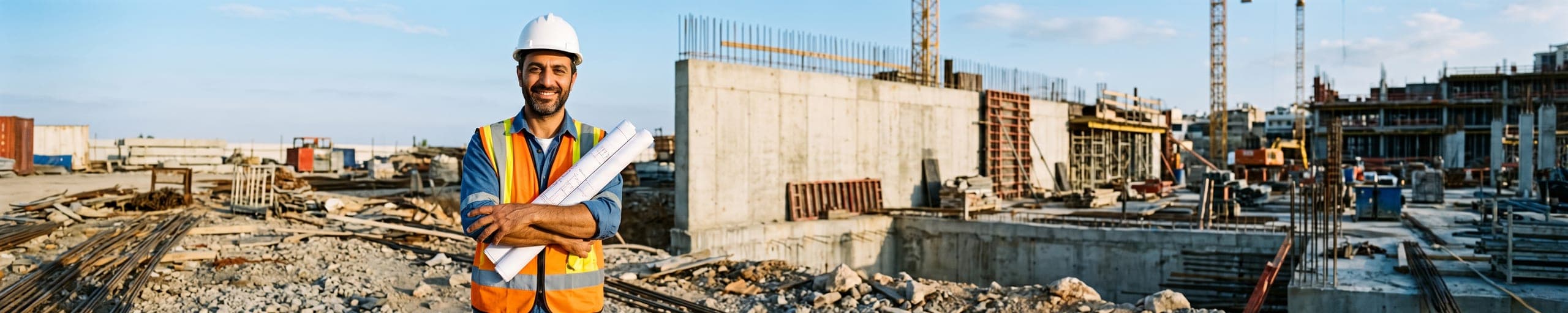 Ingénieur de génie civil notant des relevés sur un support presse-papier près d'un ferraillage d'ouvrage en béton armé, camion pompe à béton en arrière-plan