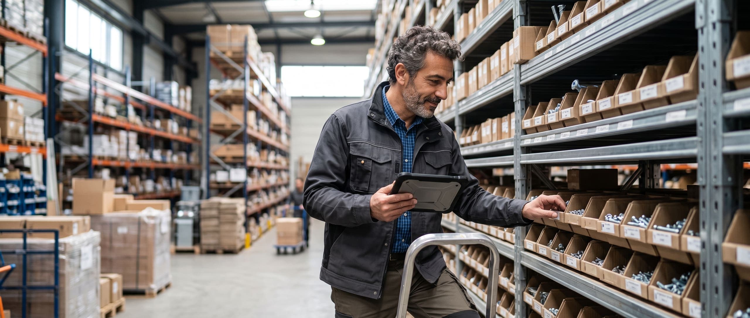Grossiste vérifiant sur tablette les bacs de petites fournitures (vis, boulons, fixations) sur un rayonnage d'entrepôt de gros