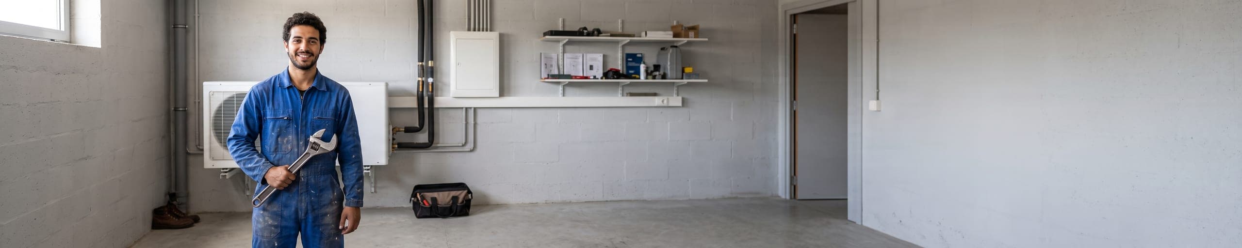Installateur CVC raccordant le groupe extérieur d'une pompe à chaleur avec une station de manomètres