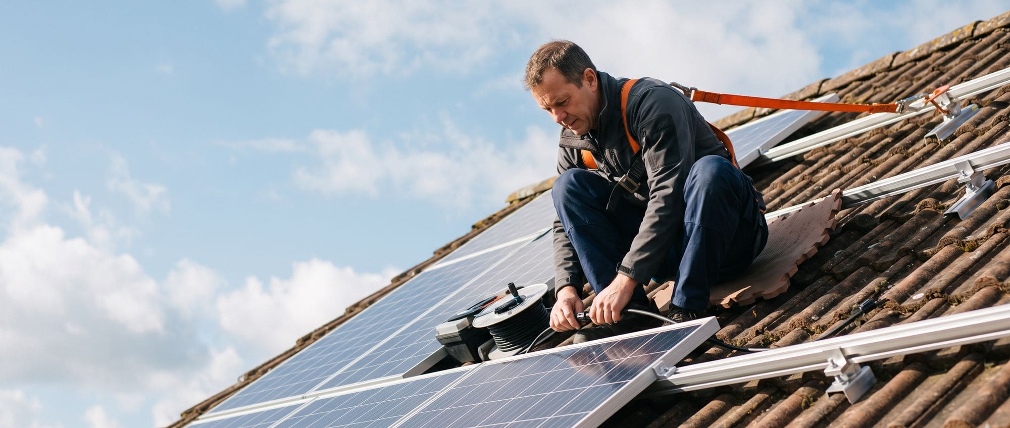Installateur photovoltaïque raccordant un connecteur MC4 entre deux panneaux solaires en toiture, harnais de sécurité attaché à un point d'ancrage