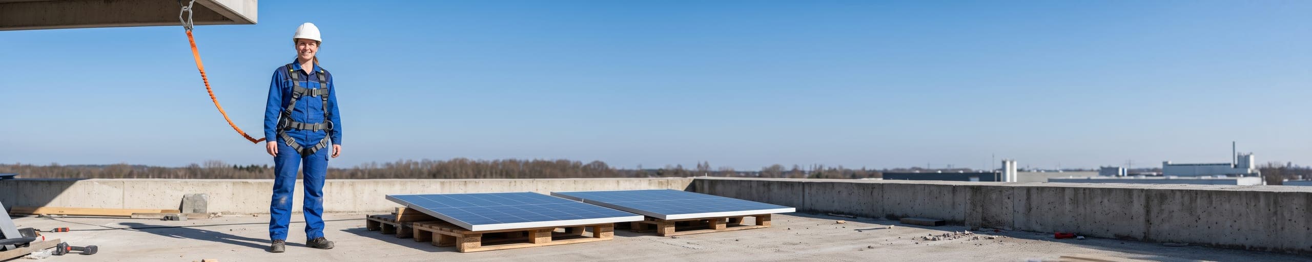 Installatrice photovoltaïque raccordant deux panneaux par leurs connecteurs sur une toiture-terrasse ceinturée de garde-corps, structures lestées sur plots et câbles rangés en chemins de câbles