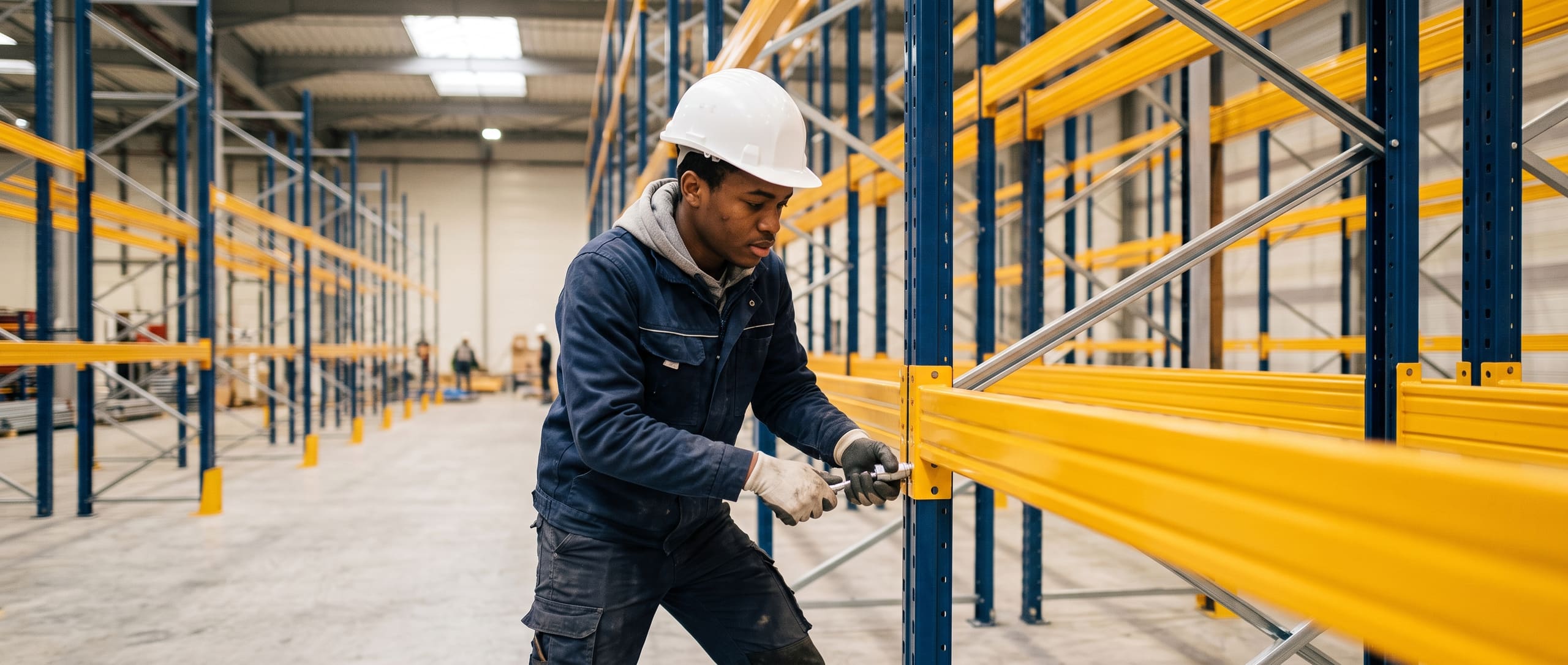 Installateur boulonnant un montant de rack à palettes sur une lisse horizontale, longues rangées de racks nouvellement installés dans l'entrepôt