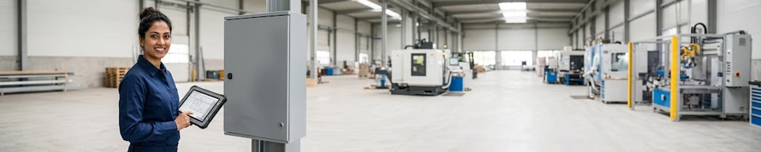 Technicienne programmant un automate industriel depuis un ordinateur portable connecté à une armoire de commande, en usine