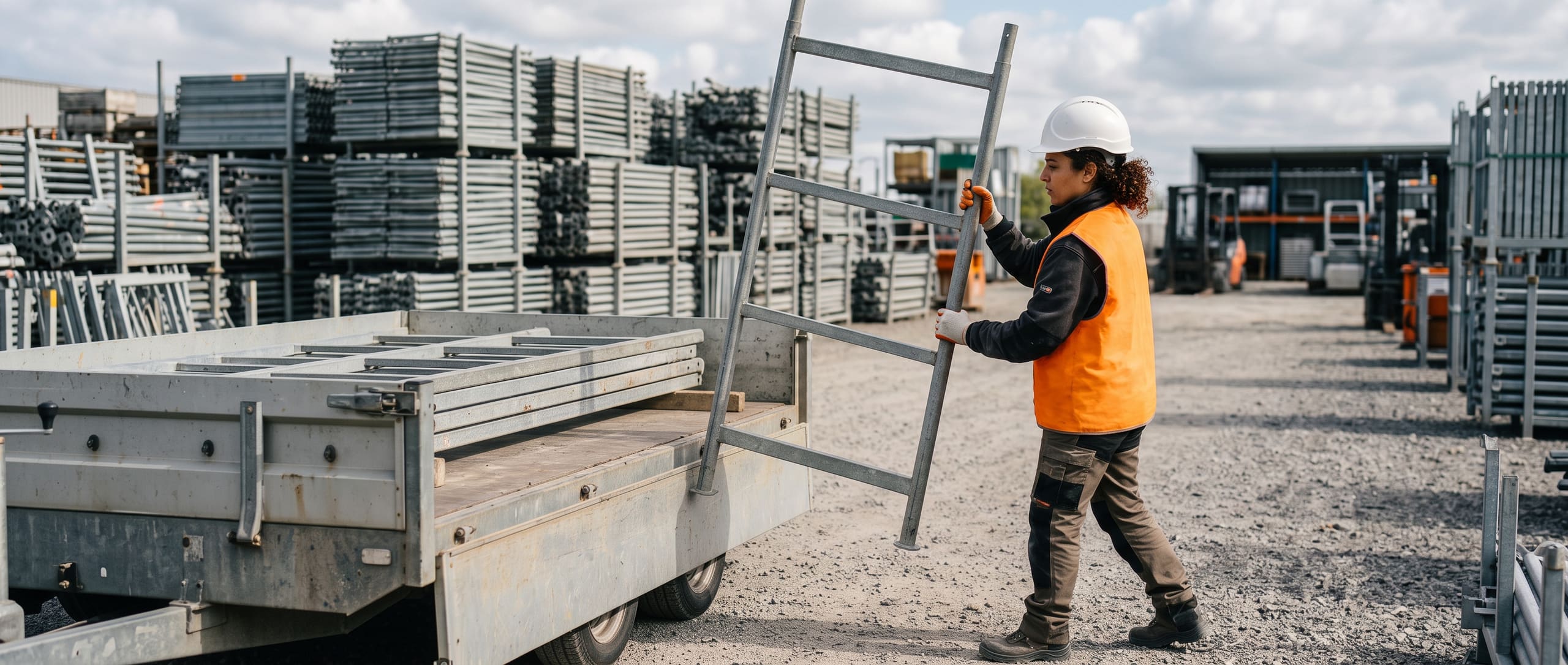 Loueuse d'échafaudages chargeant des éléments tubulaires sur un camion plateau, stocks d'échafaudages empilés dans le parc de location à l'arrière-plan