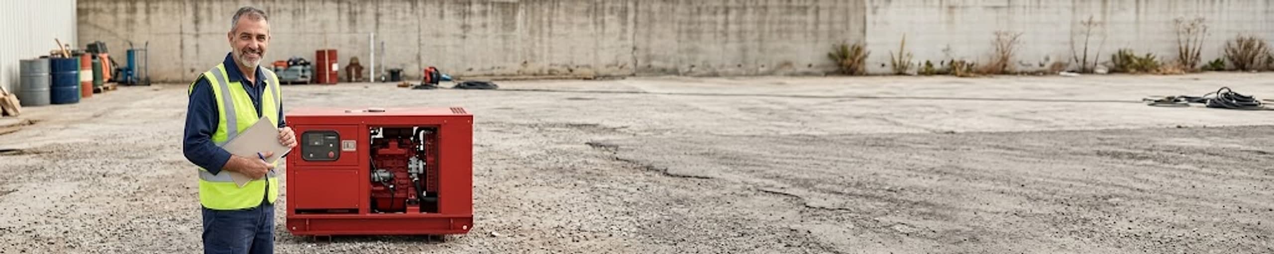 Loueur de groupes électrogènes contrôlant le tableau de commande d'un groupe diesel avant chargement, rangées de groupes électrogènes et compresseurs dans le parc de location à l'arrière-plan