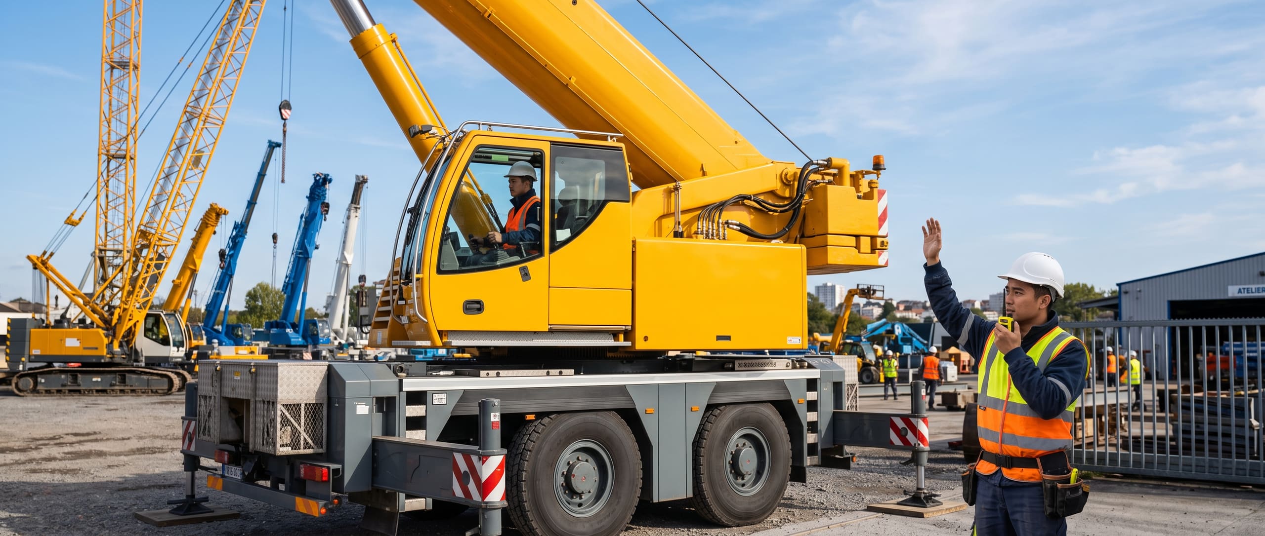Loueur de grues donnant des instructions radio pendant une manœuvre de levage, grue mobile jaune au premier plan et autres grues du parc de location à l'arrière-plan