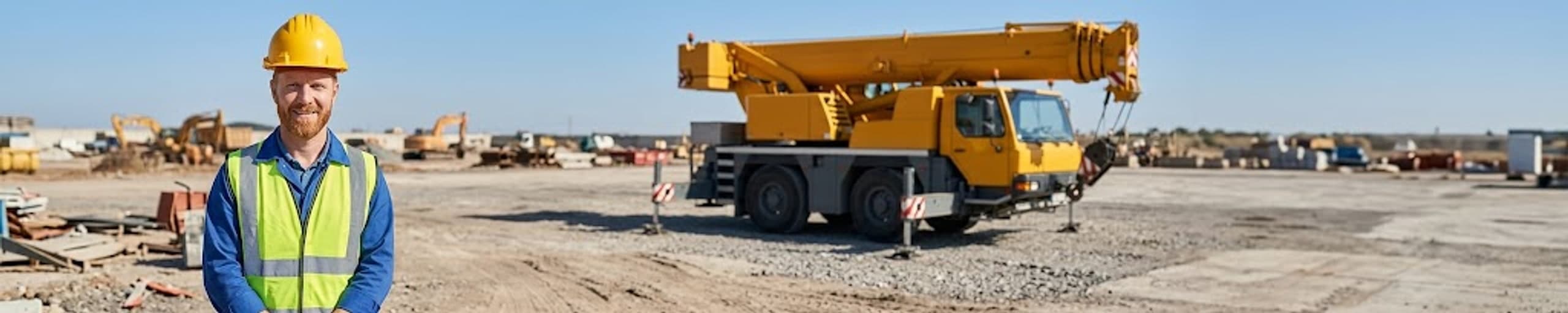 Loueur de grues donnant des instructions radio pendant une manœuvre de levage, grue mobile jaune au premier plan et autres grues du parc de location à l'arrière-plan