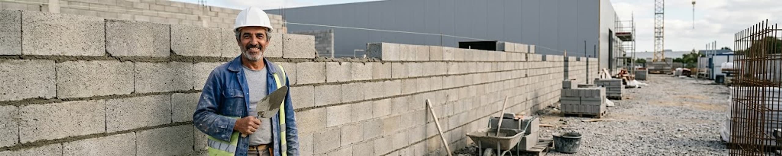 Maçon montant un mur en parpaings à la truelle sur un chantier de gros œuvre
