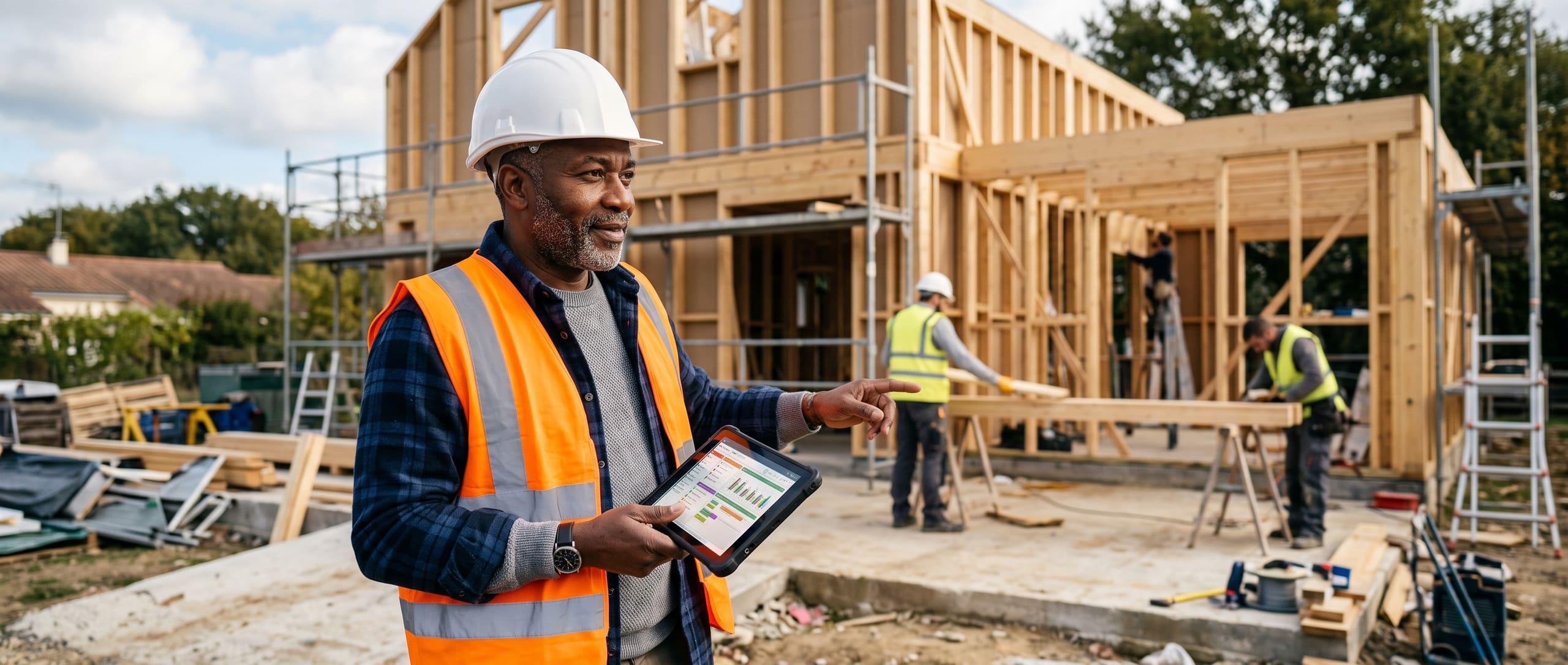 Maître d'œuvre coordonnant une équipe sur un chantier de maison à ossature bois, tablette de suivi de chantier à la main