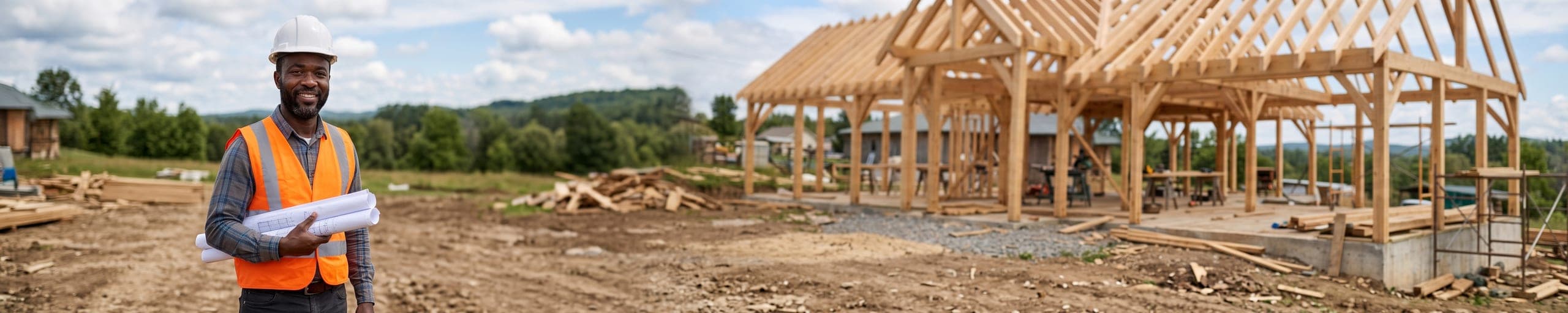 Maître d'œuvre coordonnant une équipe sur un chantier de maison à ossature bois, tablette de suivi de chantier à la main