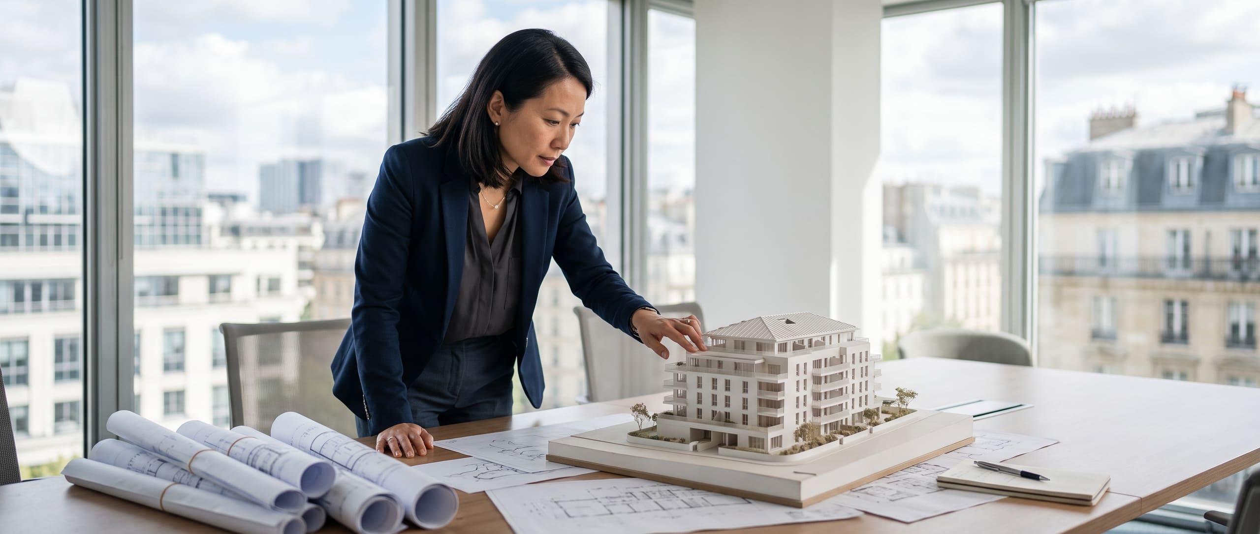Maître d'ouvrage examinant une maquette architecturale d'un immeuble dans une salle de réunion lumineuse, plans roulés sur la table