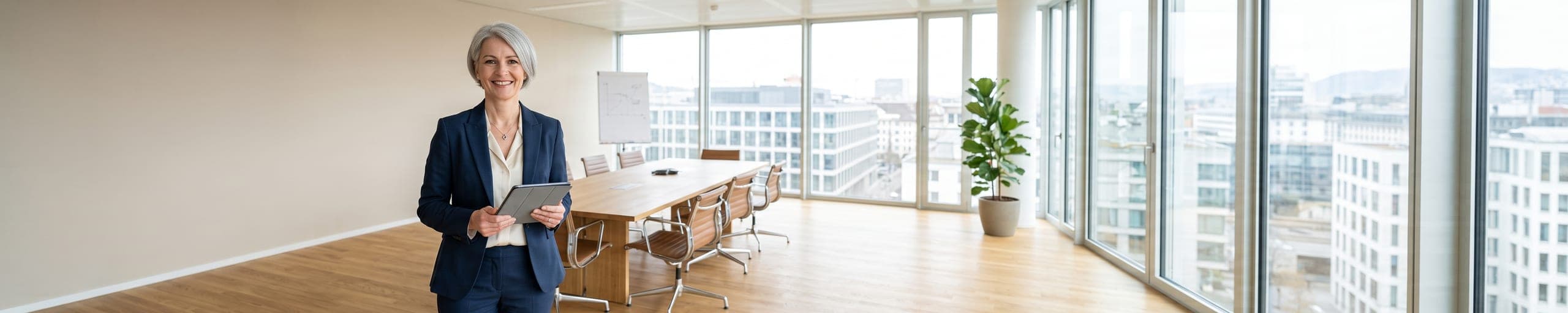 Maître d'ouvrage examinant une maquette architecturale d'un immeuble dans une salle de réunion lumineuse, plans roulés sur la table