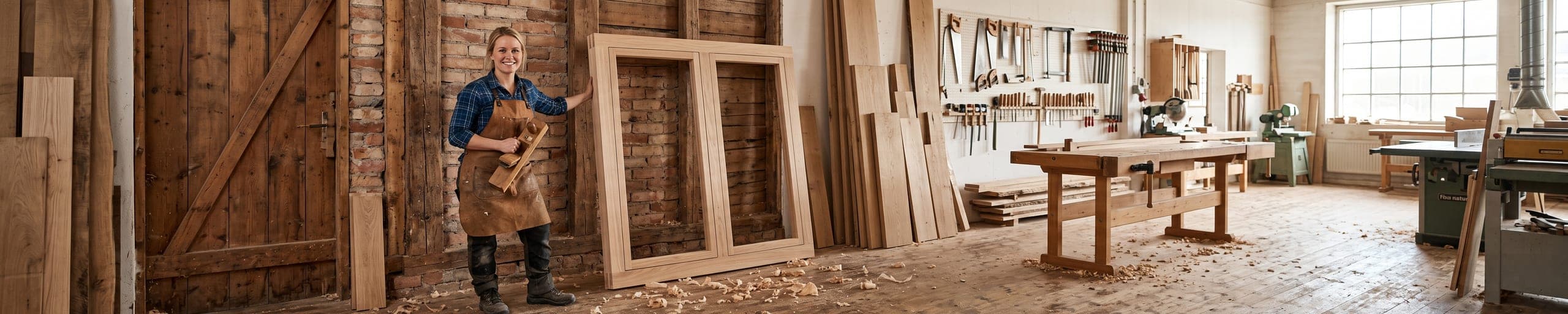 Menuisier ajustant un assemblage de fenêtre en bois au rabot dans un atelier