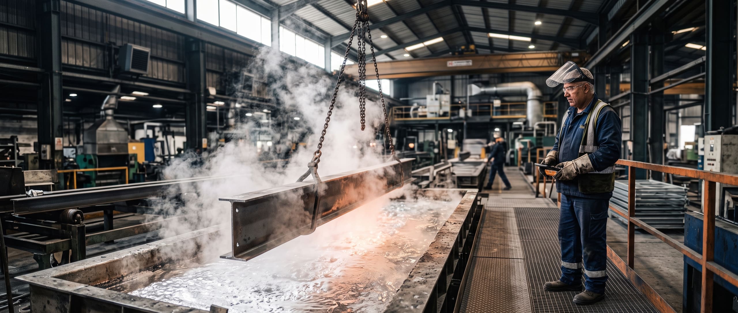 Opérateur supervisant la descente d'une structure en acier dans un bain de galvanisation à chaud, vapeurs de zinc en fusion