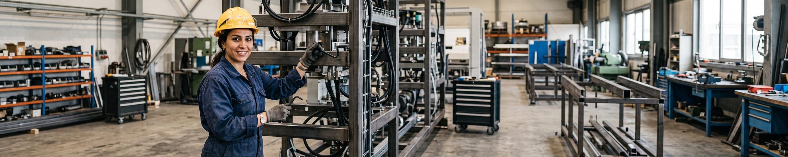 Technicienne contrôlant au laser l'alignement d'une machine industrielle en cours d'installation, crochet de pont roulant au-dessus