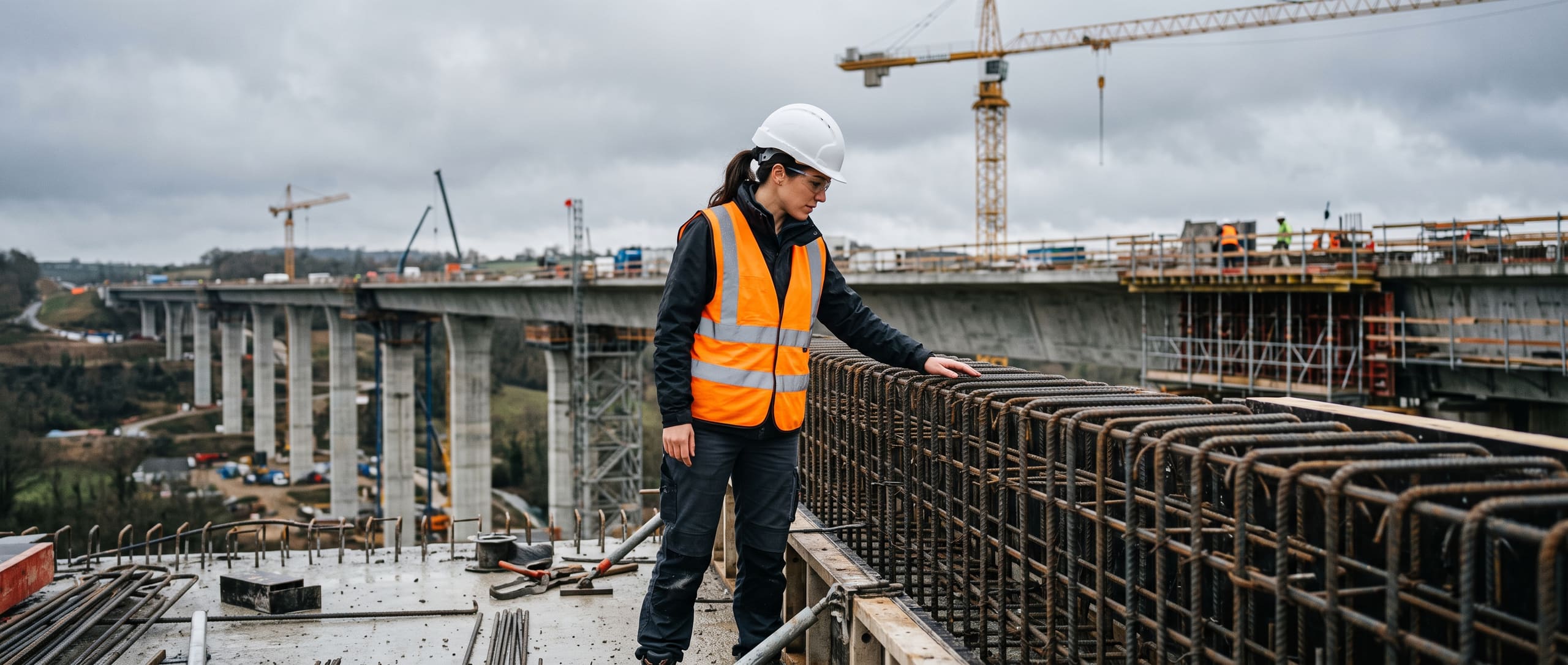 Ingénieure structure inspectant une cage d'armature en acier sur un pilier de viaduc en construction, grue à tour en arrière-plan