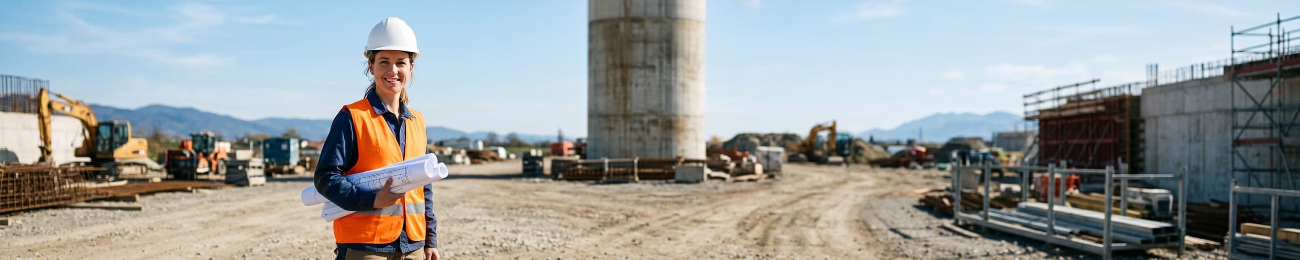 Ingénieure structure inspectant une cage d'armature en acier sur un pilier de viaduc en construction, grue à tour en arrière-plan