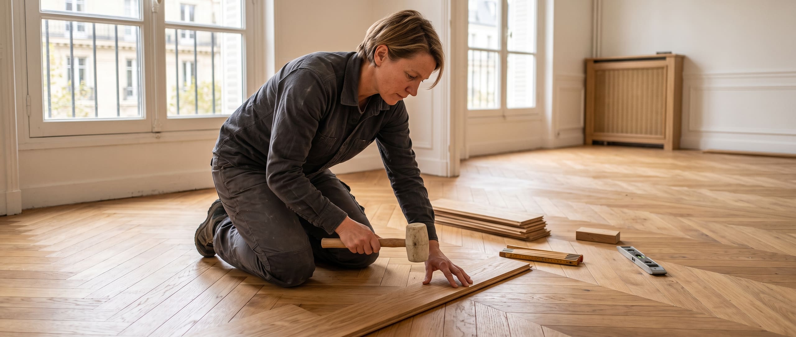 Parqueteuse posant une lame de parquet en chêne massif à motif chevron au maillet, dans un appartement parisien