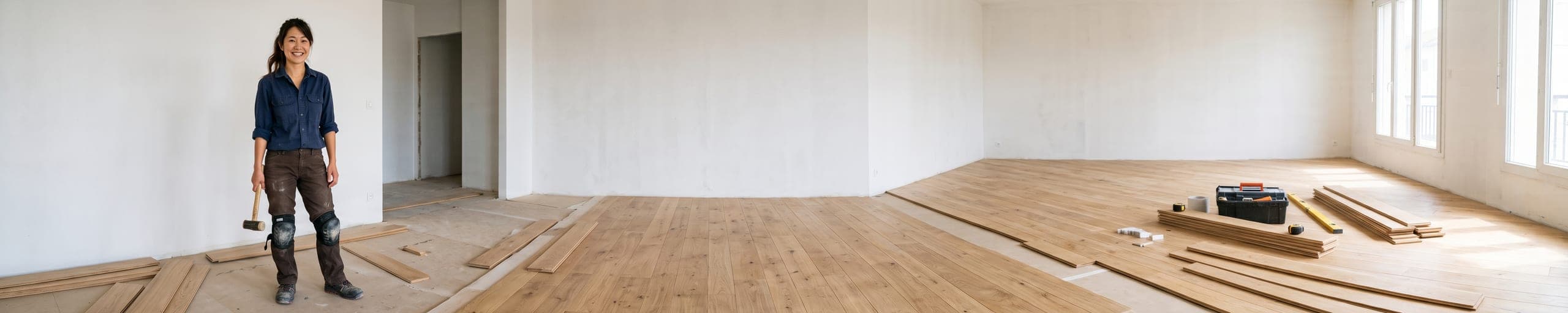 Parqueteuse posant une lame de parquet en chêne massif à motif chevron au maillet, dans un appartement parisien