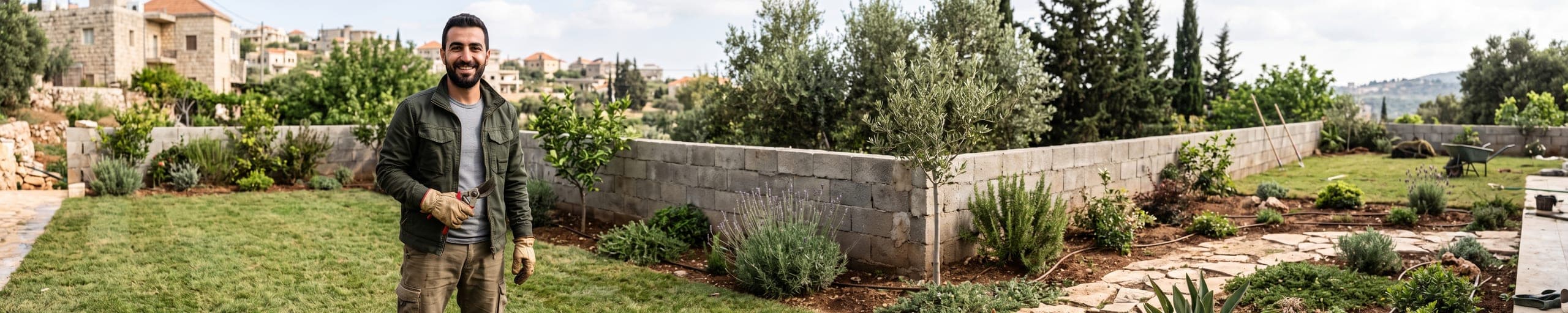 Paysagiste montant un muret de soutènement en blocs de béton dans un jardin résidentiel en cours d'aménagement