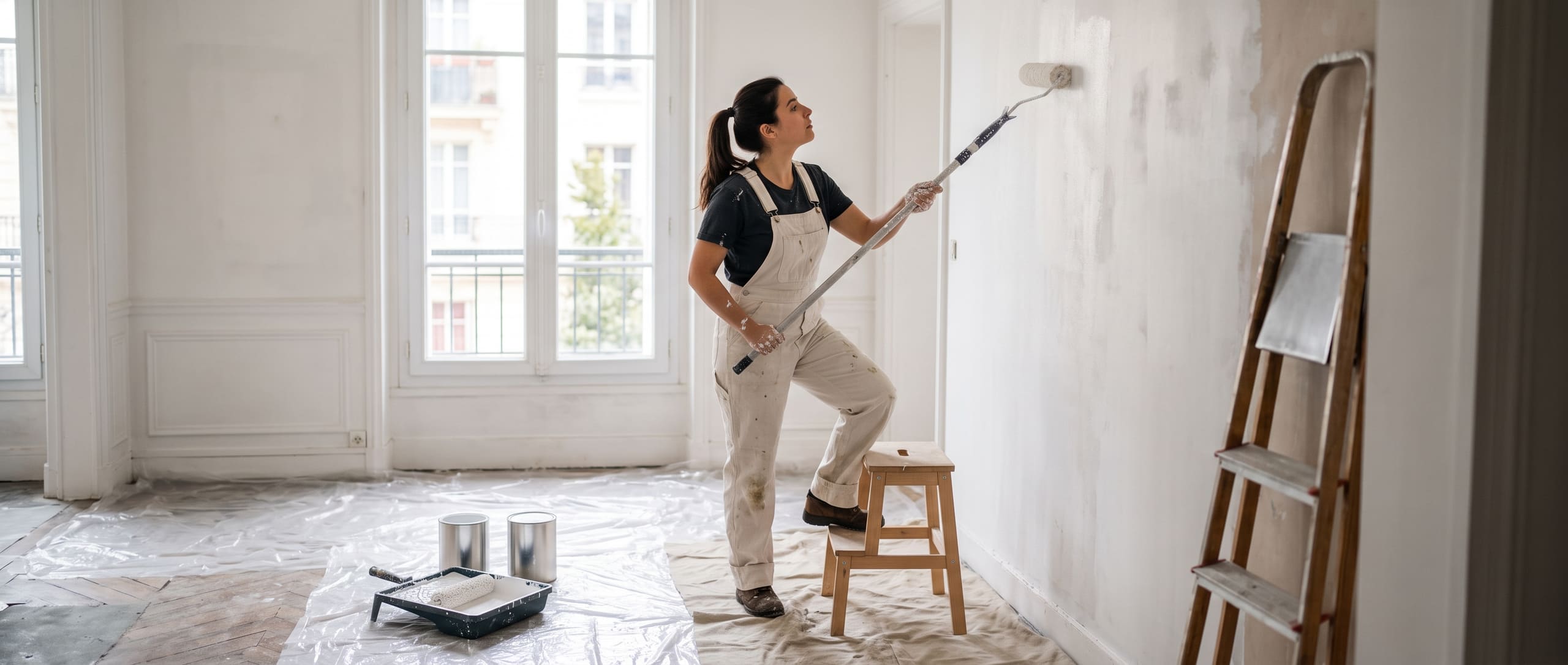 Peintre en bâtiment appliquant de la peinture blanche au rouleau sur un mur, dans un appartement parisien en cours de rénovation