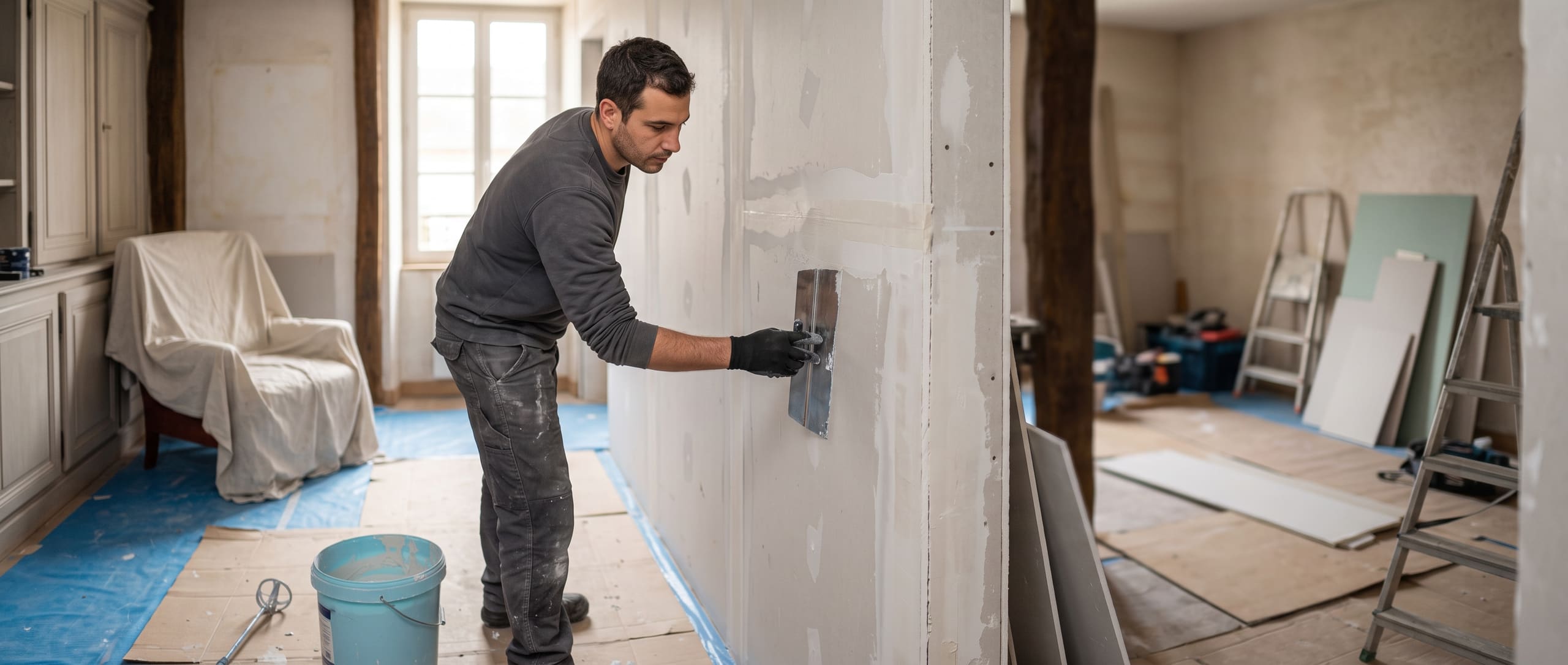 Plaquiste appliquant un enduit de jointoiement sur une cloison en plaques de plâtre fraîchement posée, dans un intérieur en cours de rénovation