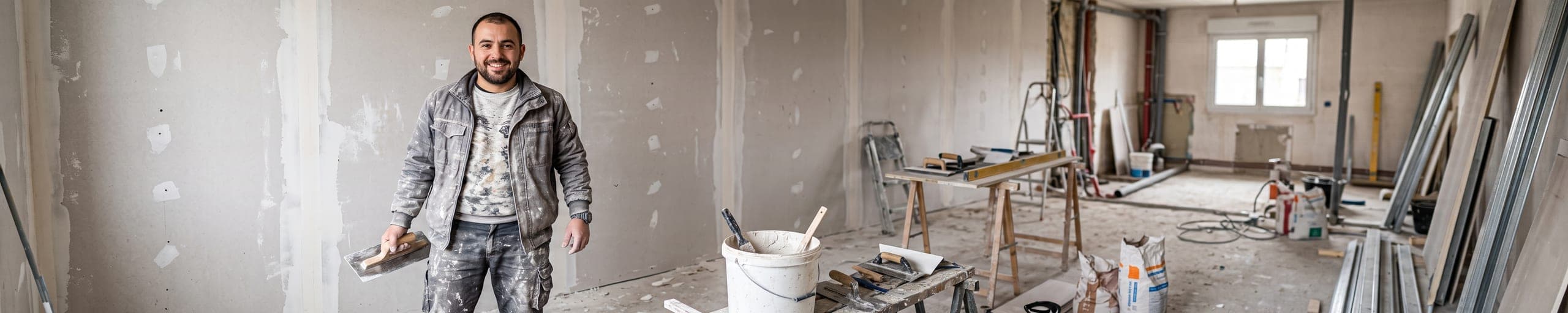 Plaquiste appliquant un enduit de jointoiement sur une cloison en plaques de plâtre fraîchement posée, dans un intérieur en cours de rénovation