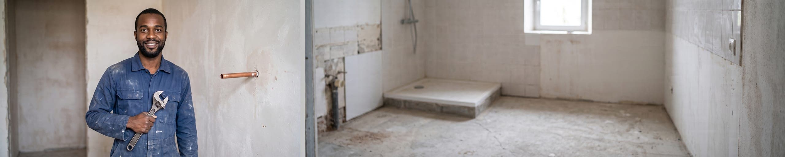 Plombier-chauffagiste sertissant un raccord laiton sur tube PER à la pince à sertir, nourrices de distribution au mur et évacuation PVC séparée, salle d'eau en rénovation