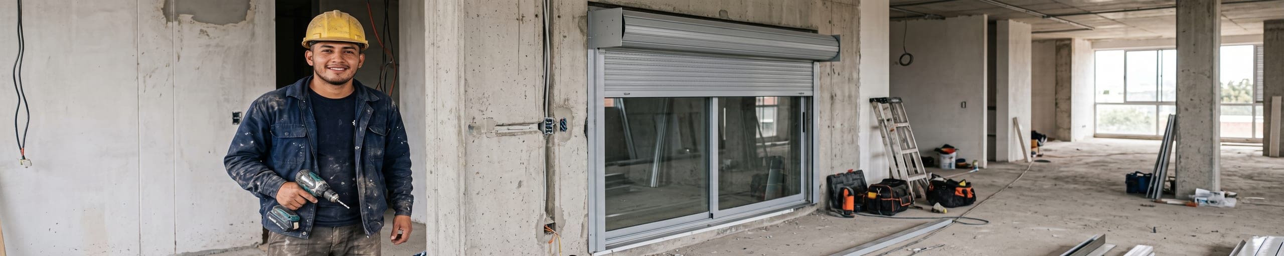 Poseur de fermetures fixant un coffre de volet roulant motorisé au-dessus d'une baie, sur un chantier en cours de finition