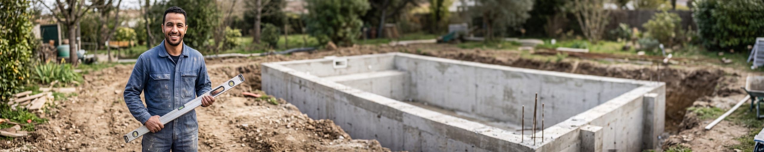 Poseur de piscine ajustant un liner sur la structure béton d'une piscine enterrée en cours de construction