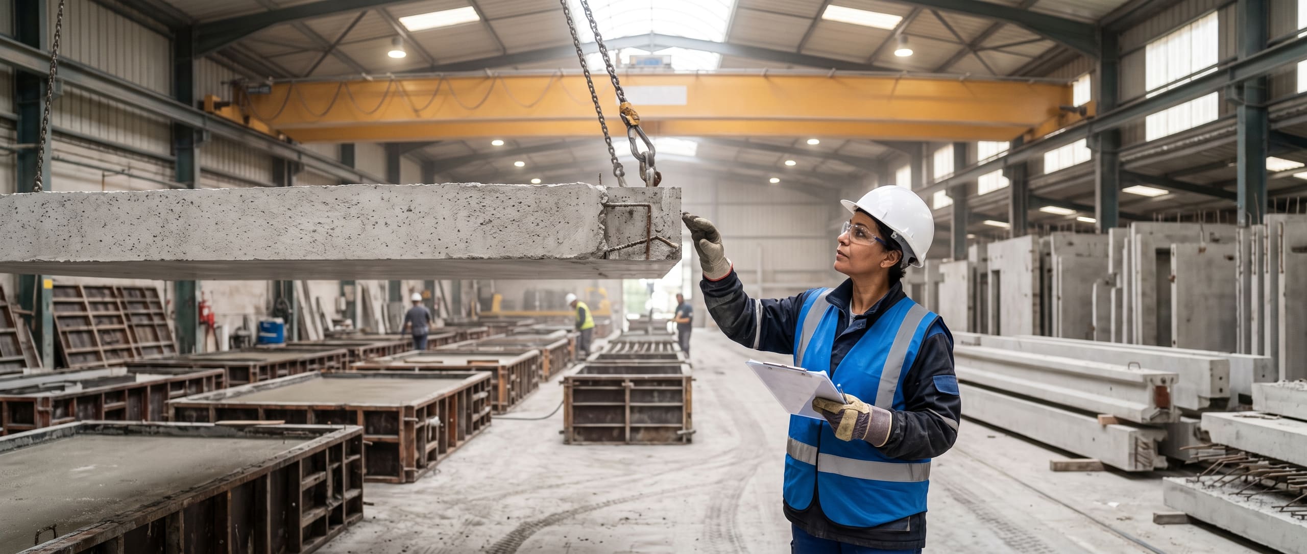 Préfabricante inspectant un panneau de béton préfabriqué levé par pont roulant, moules et éléments préfabriqués alignés à l'arrière-plan