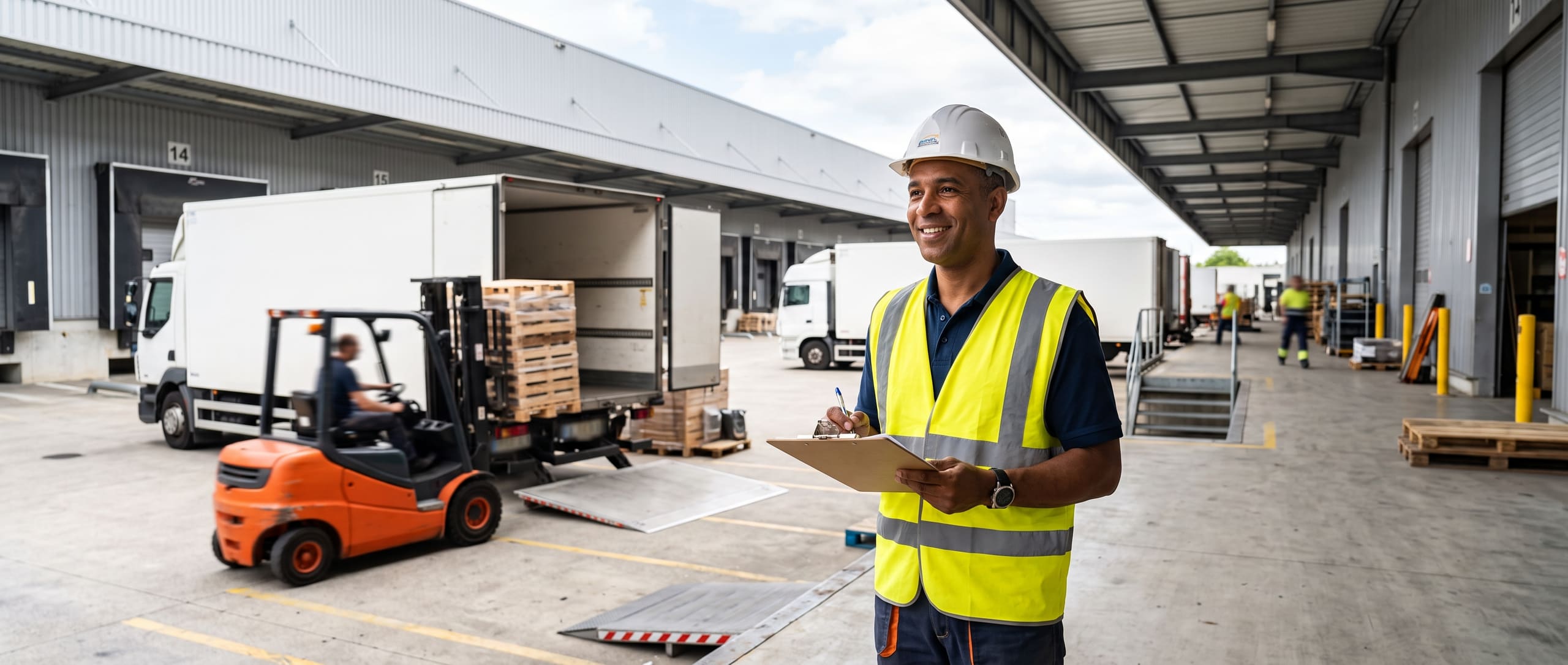 Prestataire logistique supervisant un quai de chargement, camion en cours de chargement par un chariot élévateur à l'arrière-plan