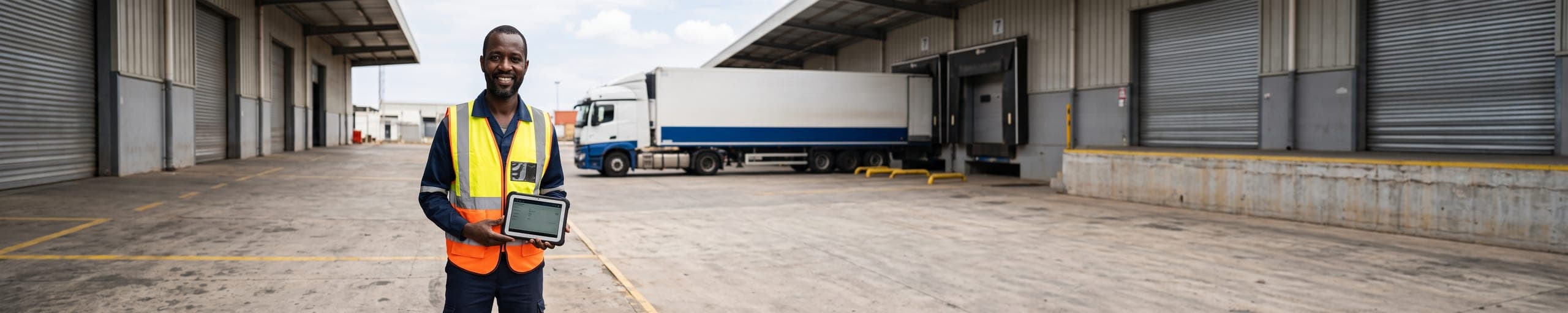 Prestataire logistique supervisant un quai de chargement, camion en cours de chargement par un chariot élévateur à l'arrière-plan