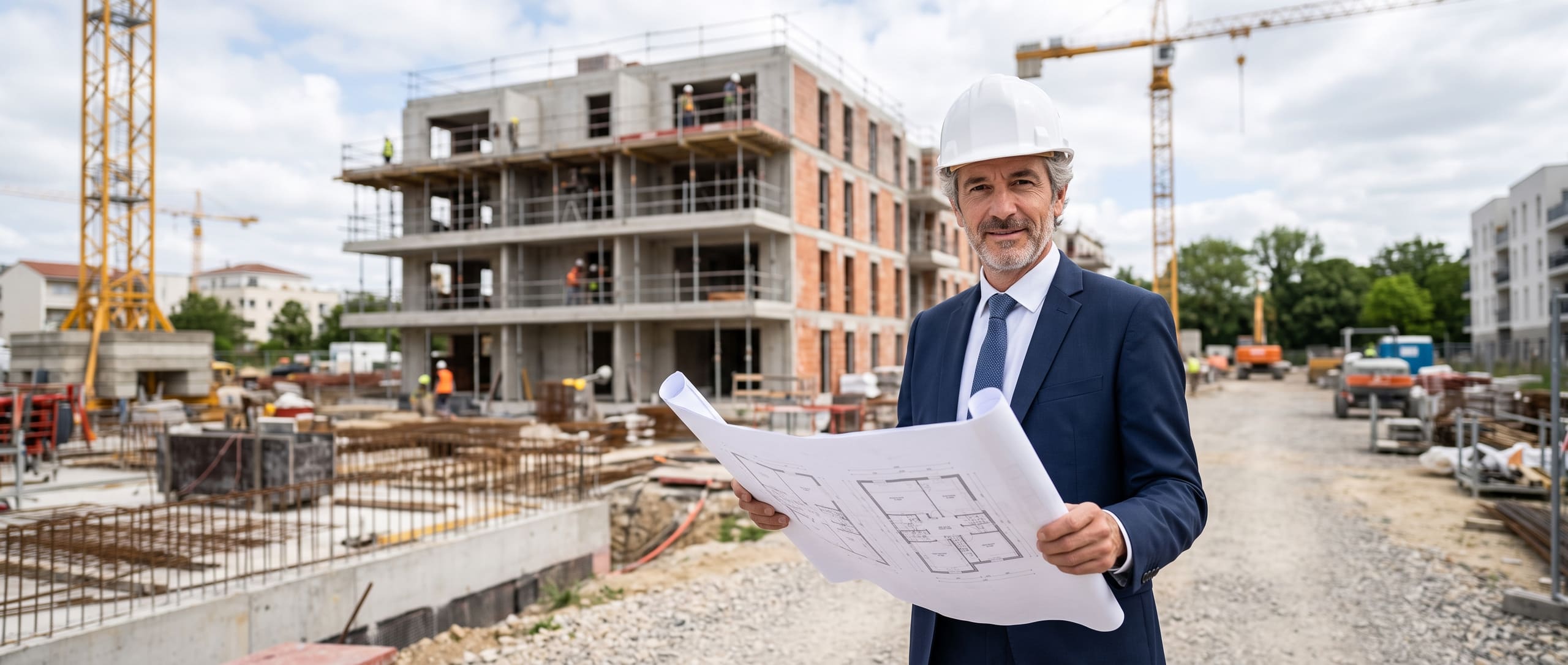 Promoteur immobilier en costume et casque examinant des plans devant un programme immobilier en construction, grue à l'arrière-plan